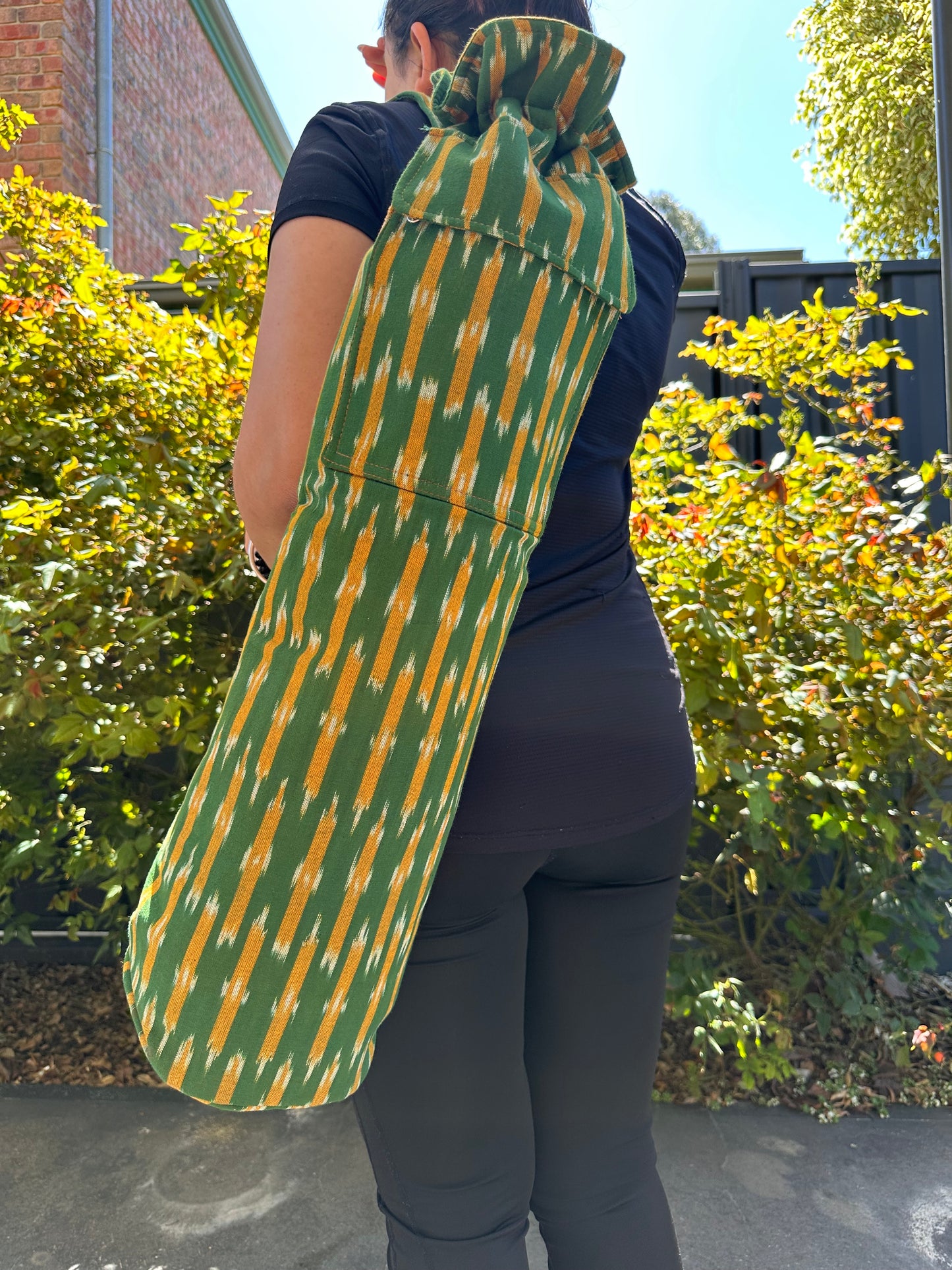 Green & Yellow Print Ikat Cotton Yoga/Beach Mat Bag