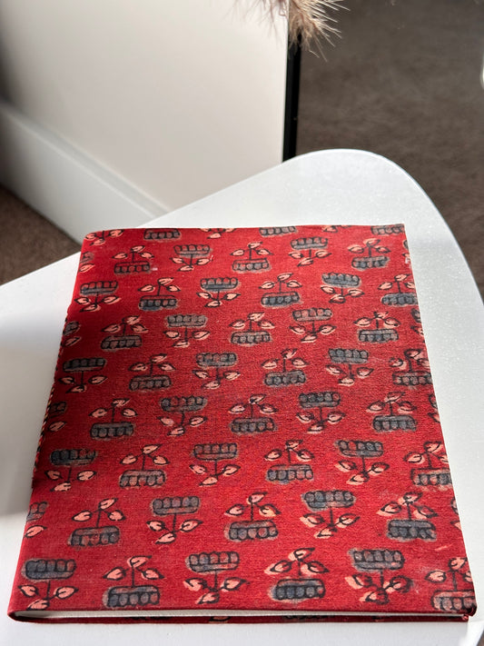 Floral red fabric cover handmade paper notebook (9*7 in)
