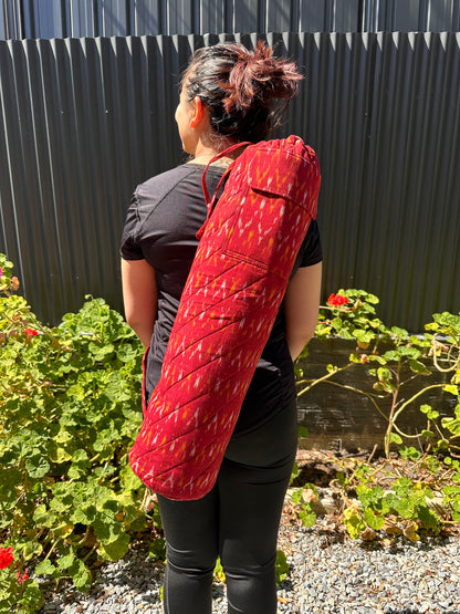 Artwork Ikat Cotton Quilted Yoga/Beach Mat Bag in cherry colour