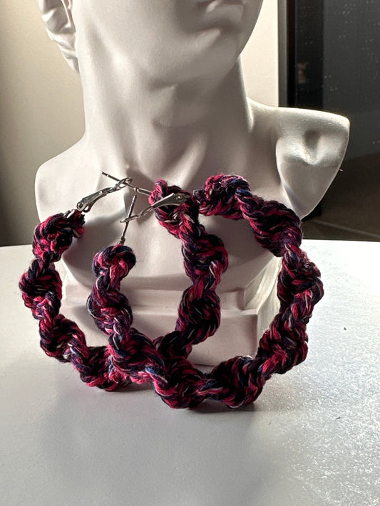 Fuschia pink handmade macrame Hoop Earrings