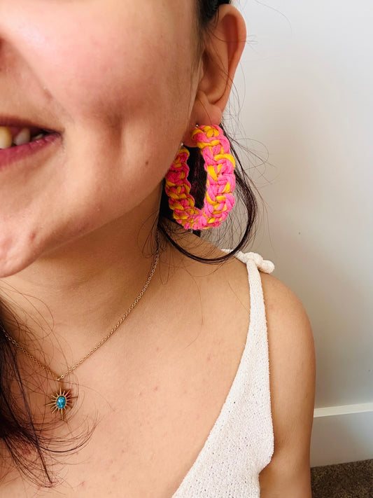 Yellow and pink Macrame Broad Hoops Earrings