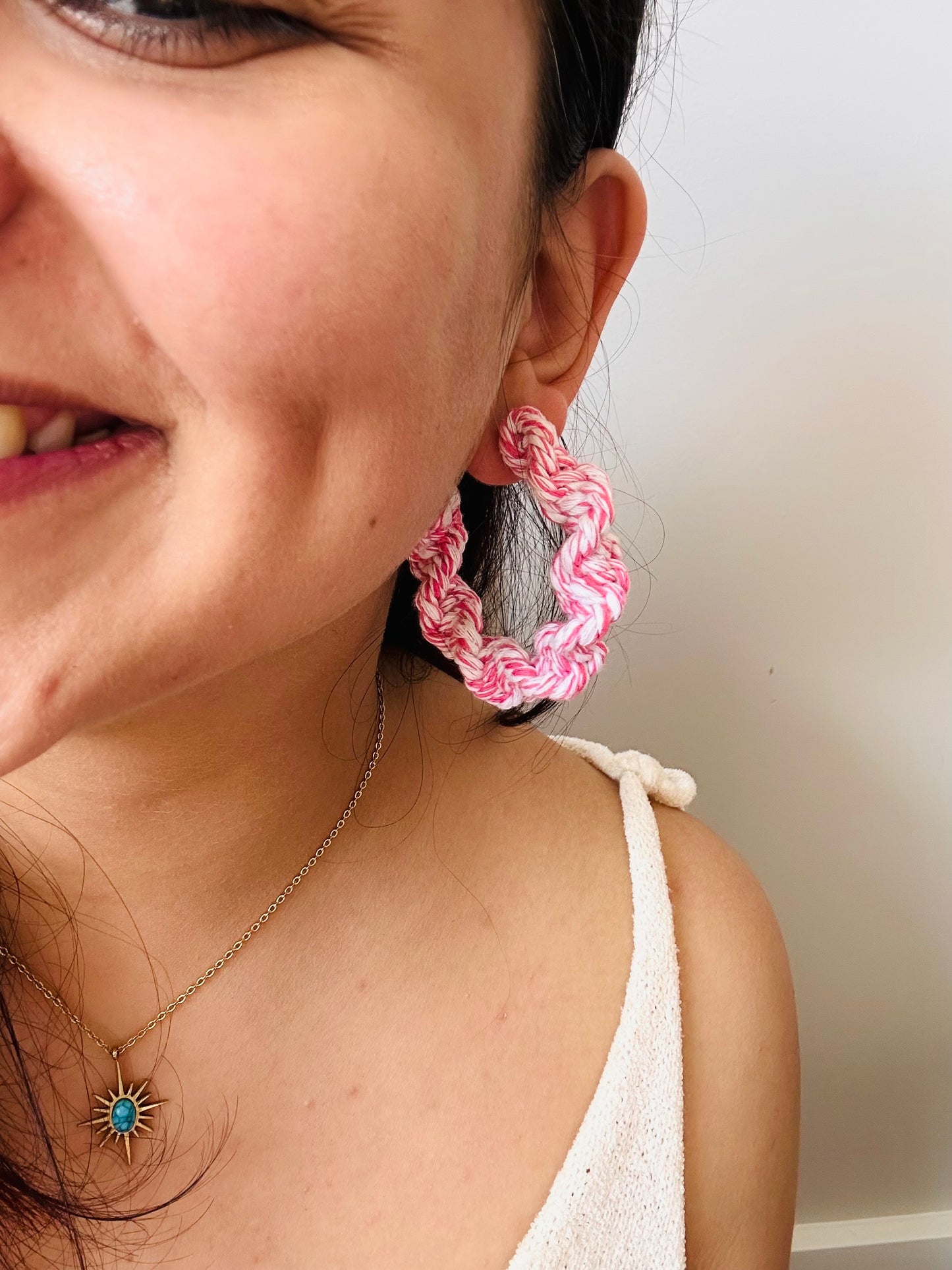 Pink Handmade Macrame Hoop Earrings