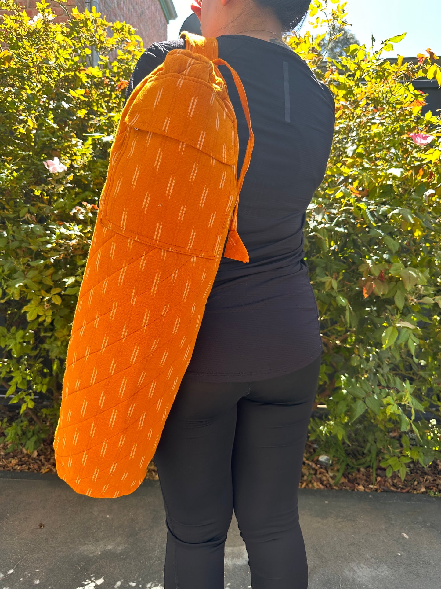 Ikat Print Quilted Cotton Yoga/Beach Mat Bag in Marigold Colour