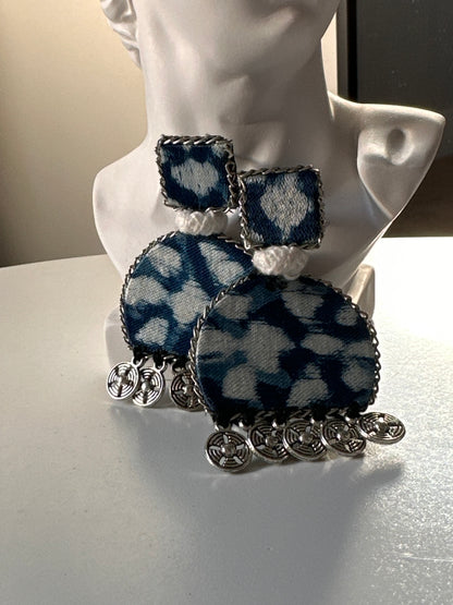 Navy blue earrings made from leftover fabric