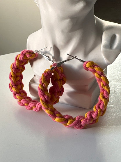 Yellow and pink Macrame Broad Hoops Earrings